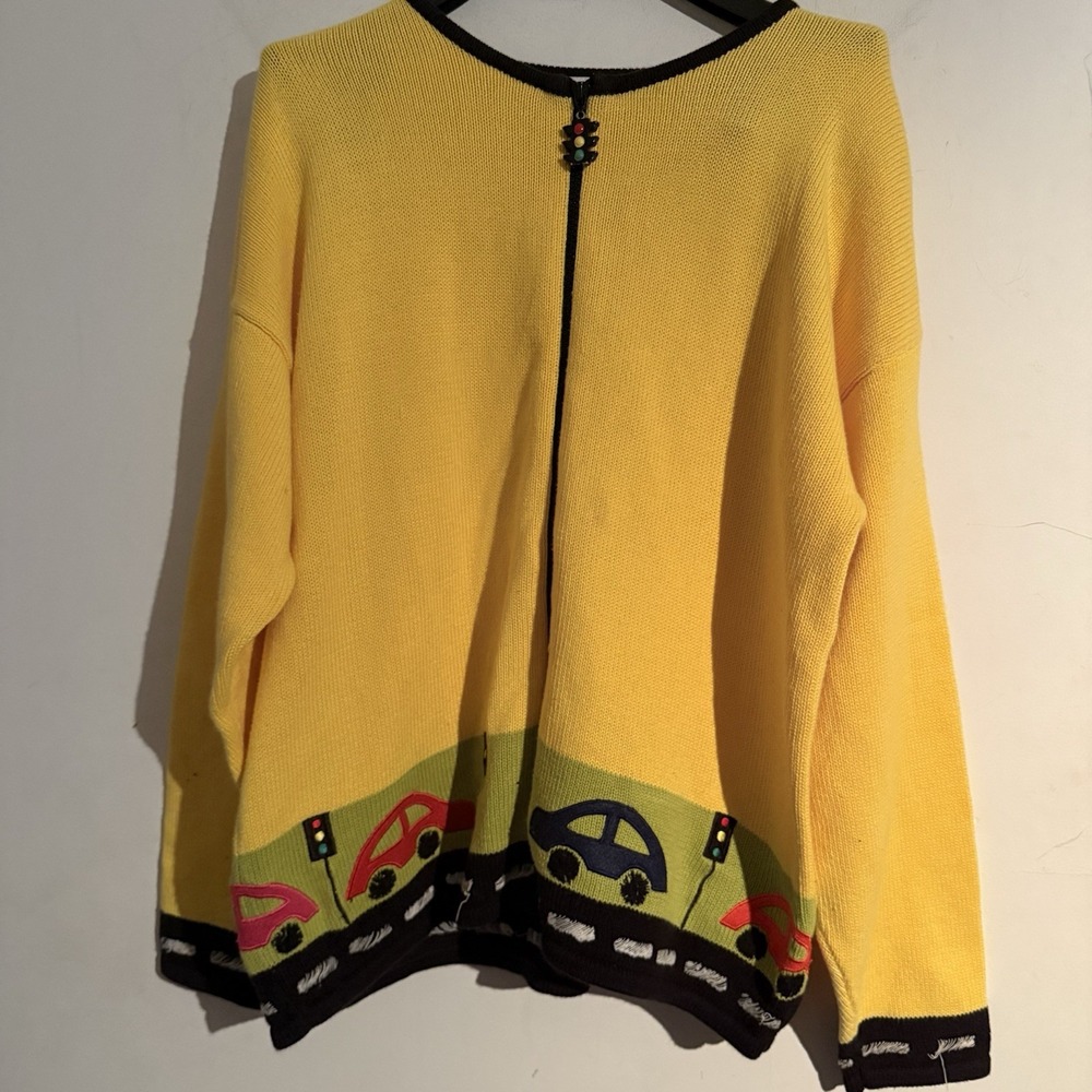 Vintage California Style Small Zipper Cardigan Yellow Cars Traffic Lights Artsy